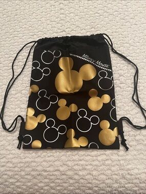 Disney Black Drawstring Bag with Gold & White Mickey Pattern